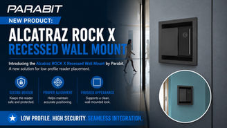 Visuel promotionnel de Parabit pour le support mural encastré Alcatraz Rock X, présentant un lecteur biométrique discret intégré à un mur de bureau moderne. Le design met en avant le positionnement sécurisé du lecteur, son alignement parfait et une finition soignée, avec des éléments de marque bleus et blancs et des gros plans du produit.