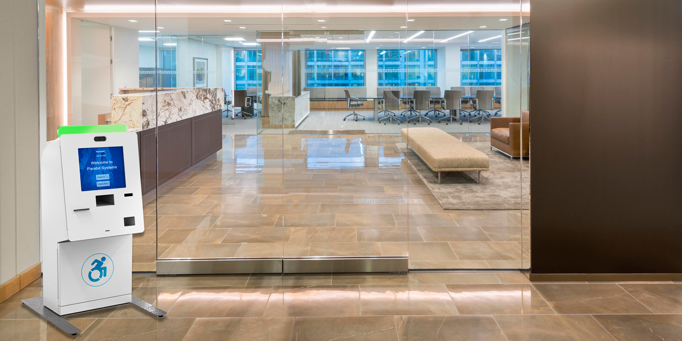 ADA-compliant visitor kiosk in corporate office lobby for accessible visitor check-in