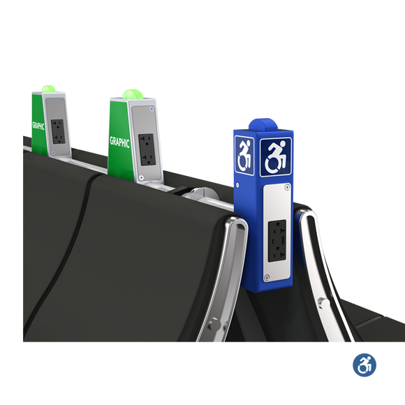 Close-up of Parabit’s seatback charging stations mounted on airport-style seating, featuring ADA-compliant blue end-unit with accessibility icon and dual power outlets, alongside green graphic-ready units for branding or sponsorship integration.