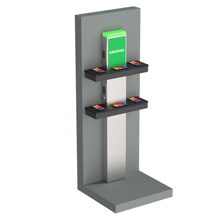 Dual-shelf indoor charging station with integrated power outlets and USB ports, designed for high-traffic public spaces such as airports, hospitals, and transit terminals.