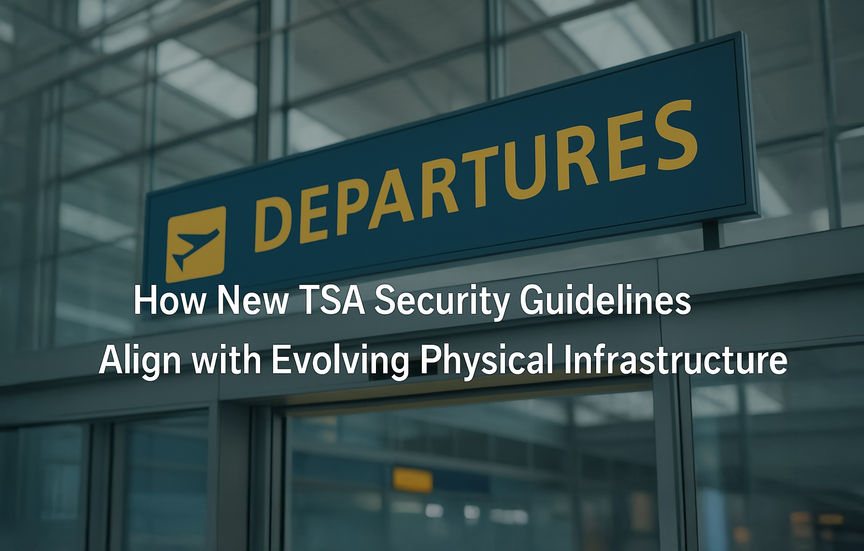 لافتة المغادرة داخل مطار، تحمل عنوان المقال في الأعلى: &quot;كيف تُعيد إرشادات الأمن المُحدثة الصادرة عن إدارة أمن النقل تشكيل البنية التحتية للنقل&quot;