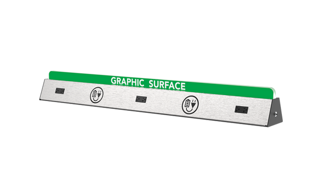 Three-user charging module with graphic branding panel, dual USB, and duplex AC outlets for hospitality and transportation seating areas.
