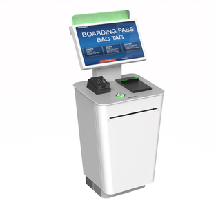 Passenger self-service kiosk for boarding pass printing and bag tag processing with integrated scanner and user interface.
