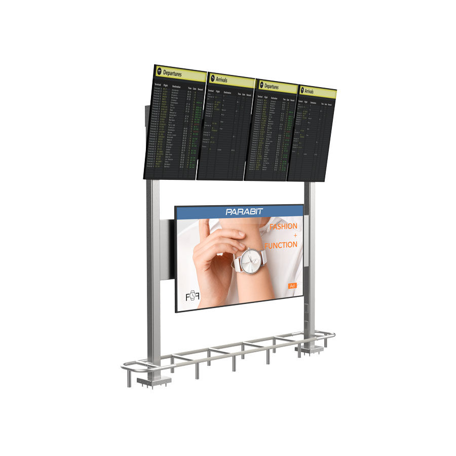 FIDS display in landscape orientation with integrated ad monitor and protective railing