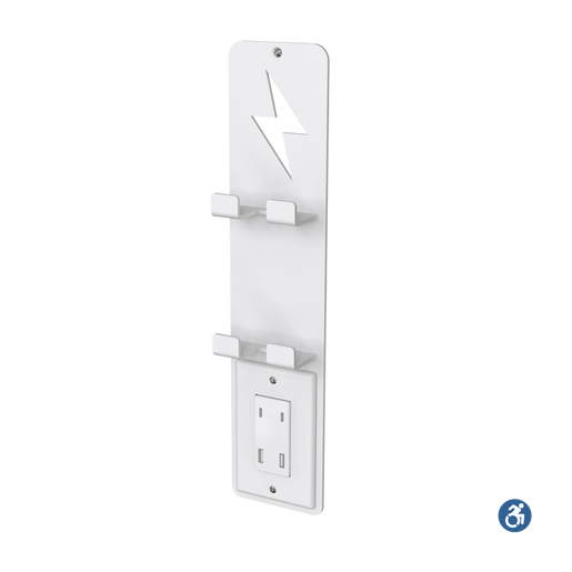Minimalist wall charger with two phone shelves, lightning bolt icon, and standard power outlet, designed for compact public spaces.
