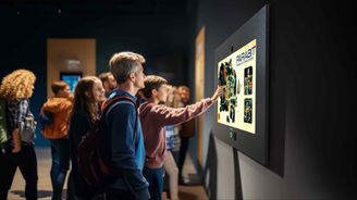Eine Gruppe Kinder steht vor einer Parabit Aveta Digital Signage Wandhalterung in einem Museum