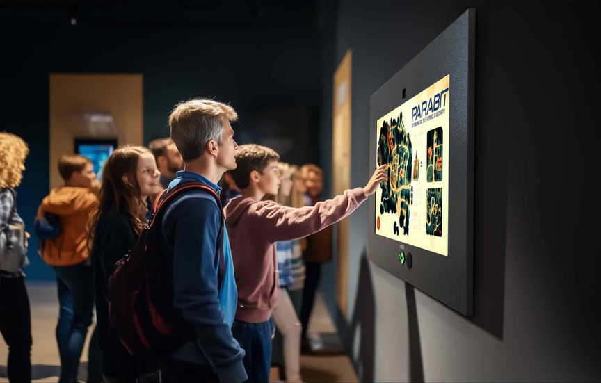 students standing in front of an Aveta Wall Mount Parabit Digital Signage on a wall 
