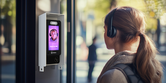 Mädchen vor dem biometrischen Lesegerät Idemia Vision Pass SP in einem Parabit-Gehäuse, das an einem Gebäudeeingangspfosten befestigt ist