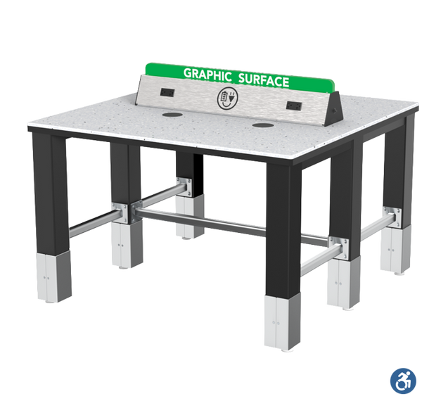 Short three-seat charging counter with integrated ADA compliance, dual charging access, and optional custom branding for government and healthcare use.
