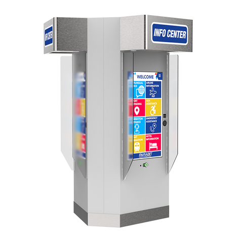 Three-sided freestanding digital kiosk with 360-degree access to travel content