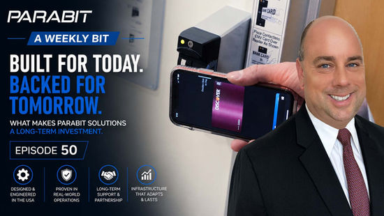 Parabit A Weekly Bit Episode 50 video thumbnail featuring Robert Iraggi beside a contactless ATM vestibule access control reader. The thumbnail includes the headline “Built for Today. Backed for Tomorrow.” and highlights Parabit’s long term investment approach through domestic engineering, real world deployment experience, and ongoing infrastructure support.