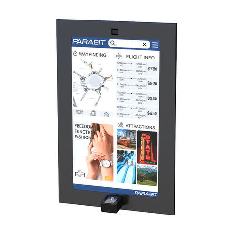 Four-sided interactive wayfinding tower with touchscreen displays and static branding panels for airport and transit deployment