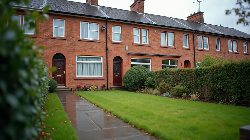 Eye-level view of a well-maintained Glasgow terrace house with a tidy front garden