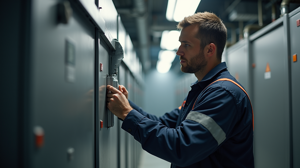 Close-up view of a technician inspecting a commercial property heating system