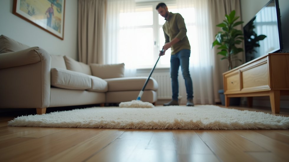 Eye-level view of a professional cleaner dusting a living room