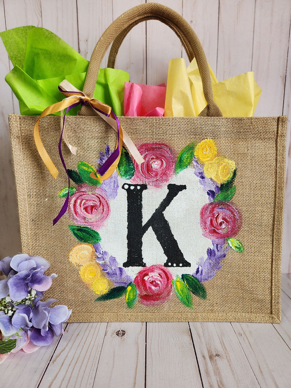 Hand Painted Monogram Burlap Bag