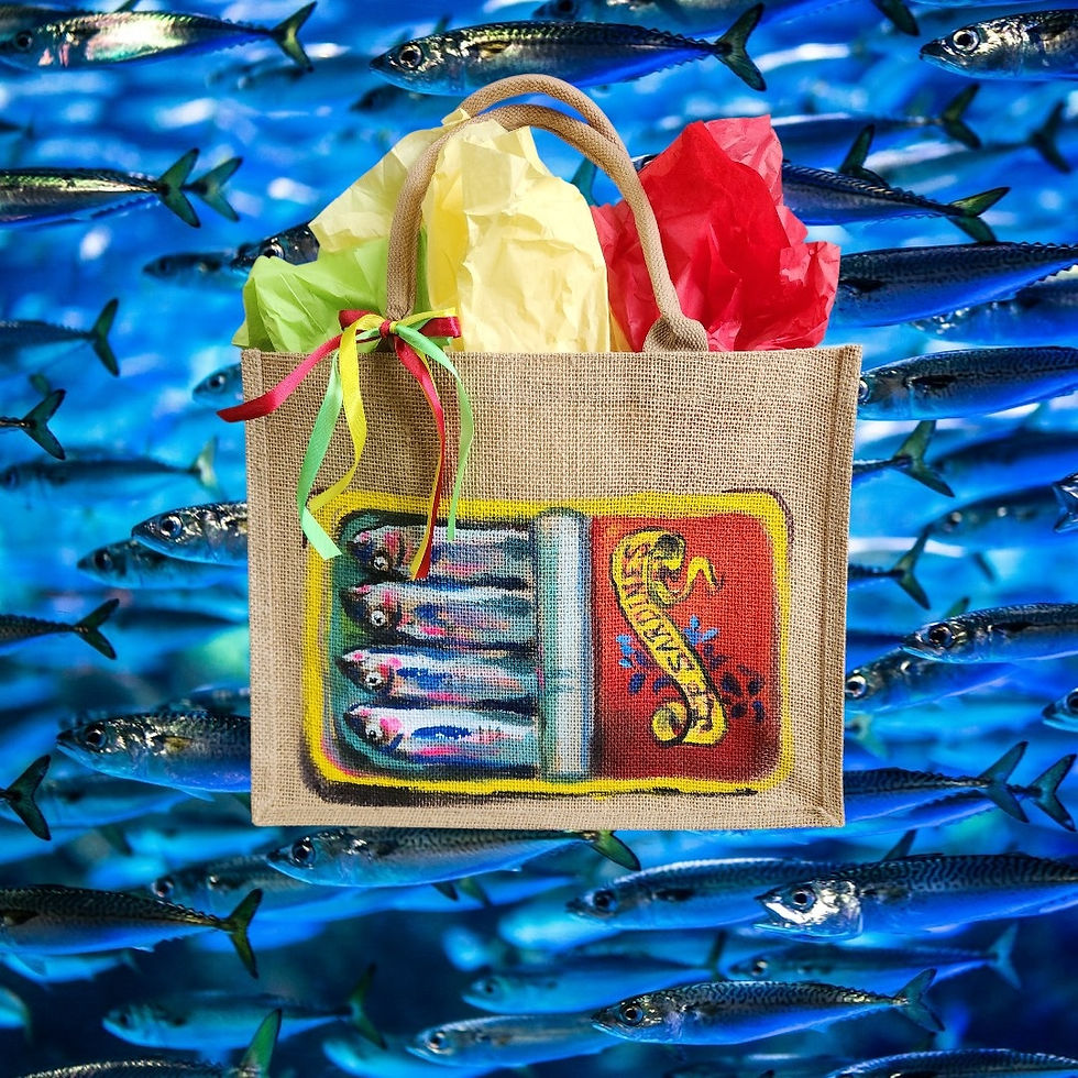 Hand Painted Sardine Burlap Bag