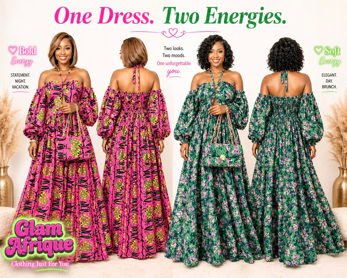 Green Ankara Floral Off Sleeve Maxi Gown