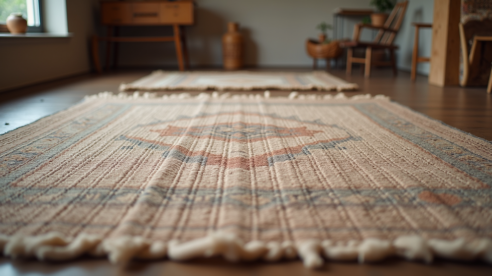 Close-up view of a handwoven vintage rug displayed in a Portland showroom