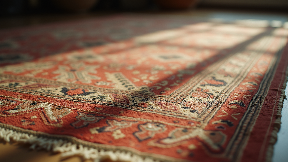 Close-up view of a handwoven vintage rug with intricate patterns