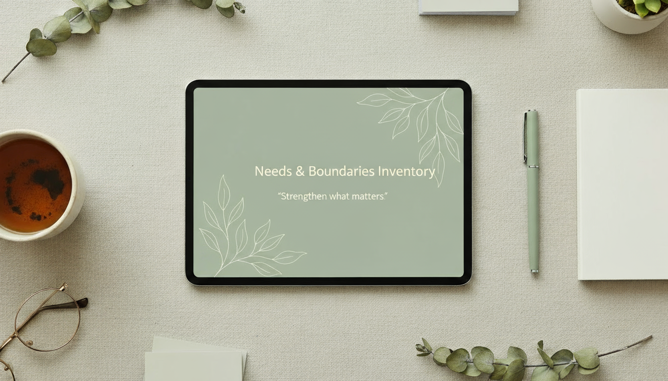 Firefly_Gemini Flash_Soft sage. “Needs & Boundaries Inventory” with tagline- “Strengthen w