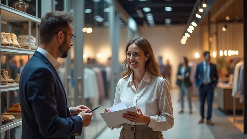 Eye-level view of a retail consultant discussing store layout with a retailer
