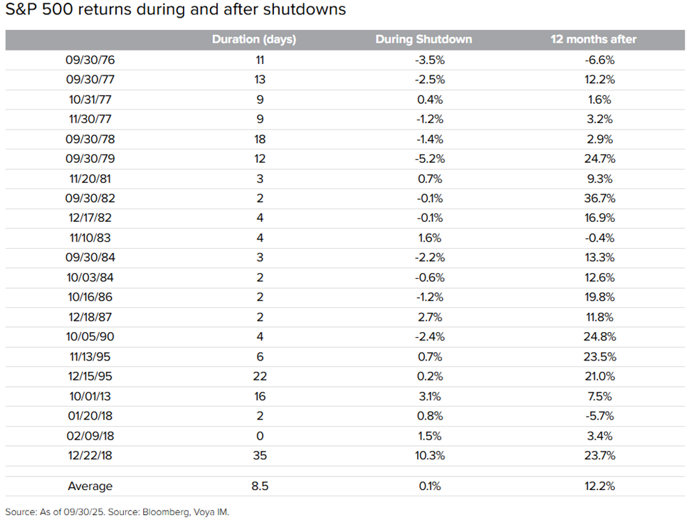 Graph of S&P 500 returns shows mixed short-term market impact during government shutdowns, with no lasting effects over time.
