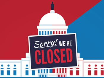Red and blue background with the Capital building in front. A "Closed" sign is on the Capital building, representing the current government shutdown.