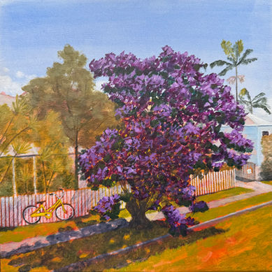 Painting by Melinda Blair Paterson of a vibrant purple flowering Alstonville Tibouchina tree in Brunswick Heads, NSW