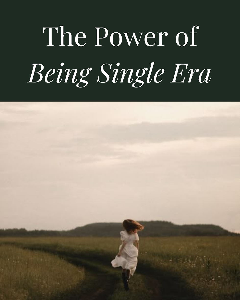 Woman in white dress runs through a grassy path under a cloudy sky. Text reads: The Power of Being Single Era. Calm and serene setting.