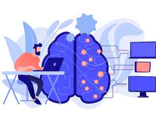 Illustration of a man at a laptop beside a large brain with gears and connected screens, suggesting AI or data processing.