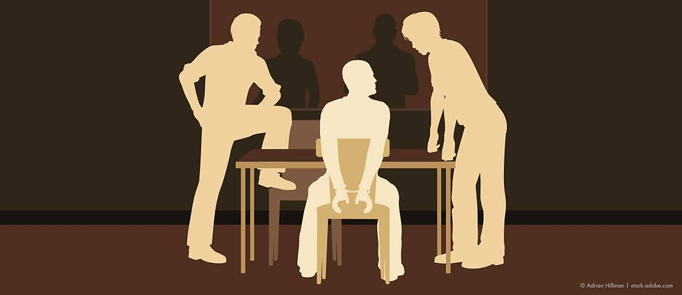 Three silhouetted people interrogate a seated man at a table in a dark brown room, tense scene.