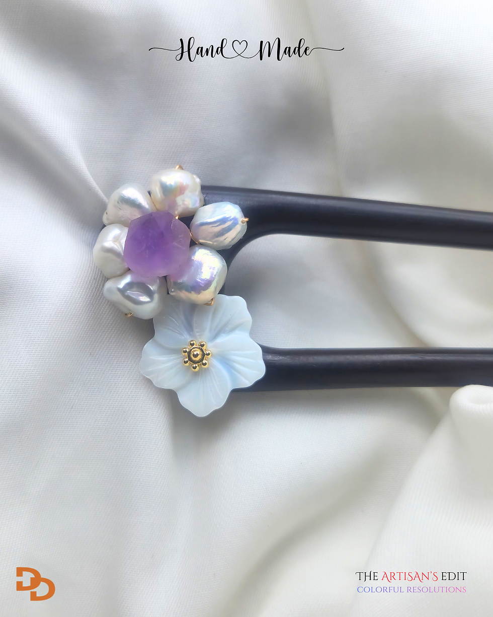 Thumbnail: Wendeline sandalwood amethyst pearl hair pin