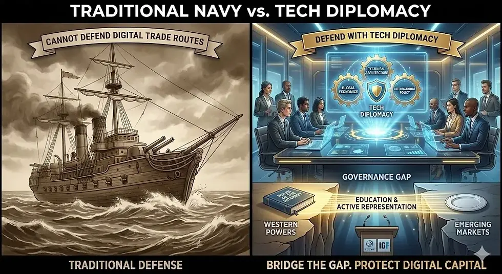 A conceptual visual representing 'Tech Diplomacy' as the modern defense for digital trade routes. In the center, a diverse group of leaders from emerging markets is seated at a professional 'Internet Governance' table, symbolizing a move from being 'on the menu' to having an active seat 'at the table'. Surrounding them is a translucent, glowing shield composed of three intersecting pillars: 'Technical Architecture,' 'Global Economics,' and 'International Policy'. In the background, the 'Governance Gap' is bridged by a path of 'Education' leading toward global forum icons such as ICANN and the IGF, illustrating how active representation protects digital capital