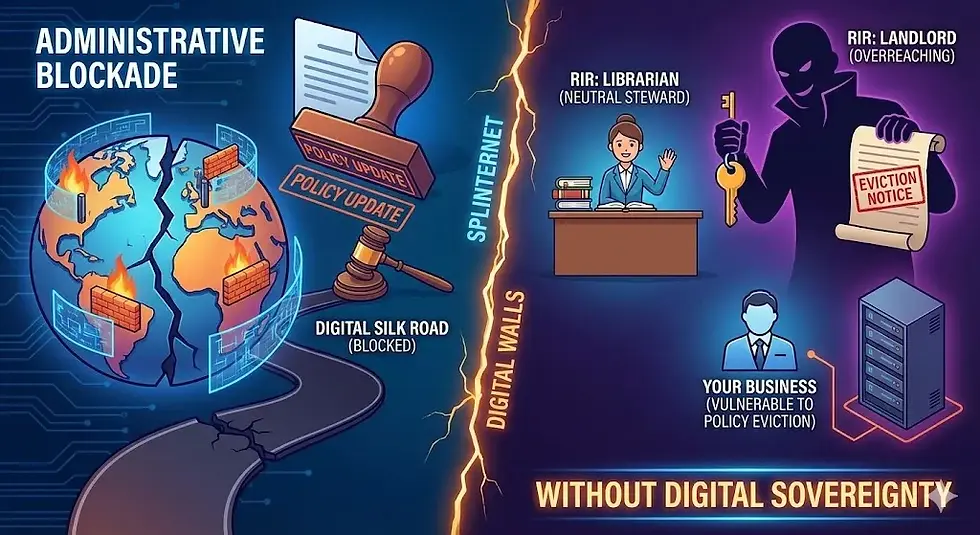 A two-panel infographic illustrating the risks of the 'Splinternet' and 'Administrative Blockade'. The left panel shows a fragmented globe blocked by 'Digital Walls' and a 'Policy Update' gavel halting the 'Digital Silk Road'. The right panel visualizes the RIR Power Gap, contrasting a neutral 'Librarian' RIR with an overreaching 'Landlord' RIR issuing an 'Eviction Notice'. The bottom section emphasizes that without 'Digital Sovereignty,' businesses are vulnerable to 'Policy Eviction' and disconnection