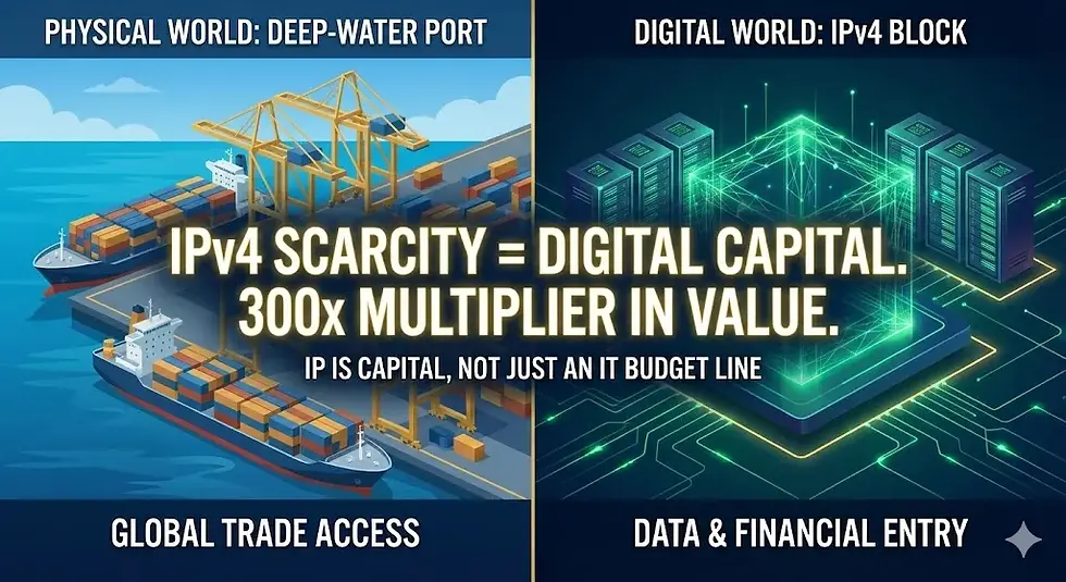 A conceptual split-screen graphic comparing a physical deep-water port to a digital IPv4 network. The left side shows a traditional harbor with cargo ships and cranes, representing the gateway to physical global trade. The right side mirrors this layout with a high-tech digital grid where IPv4 address blocks act as 'Digital Ports' for data packets and financial transactions. A central glowing symbol highlights a '300x Multiplier,' illustrating the transformation of IPv4 scarcity into 'Digital Capital' and strategic infrastructure wealth