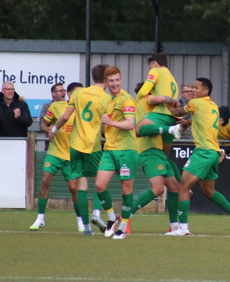 Joy as Linnets go ahead before the interval. Picture by KELLY JONES.