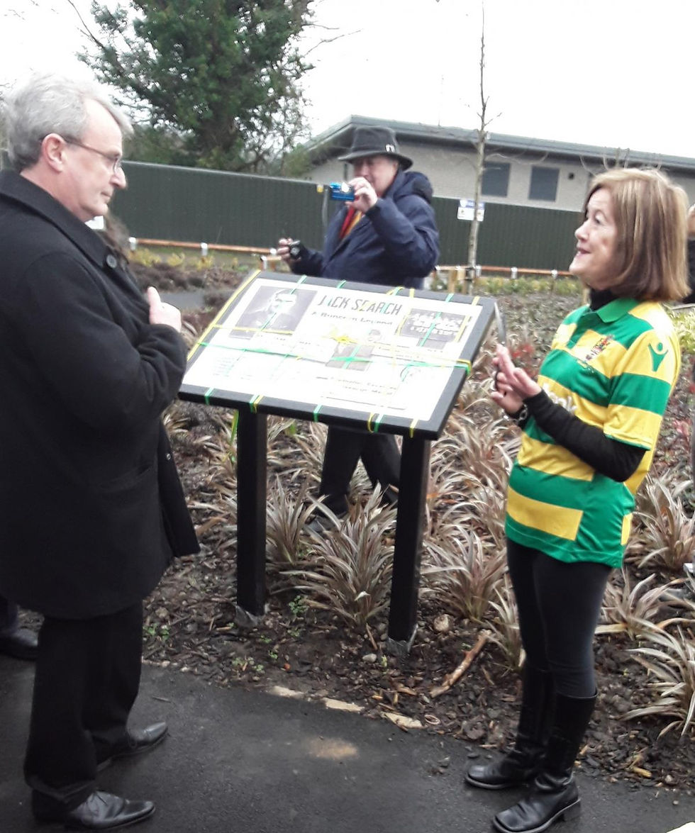 Jeannie with husband David De Rycke and (far left) Councillor Ron Hignett as Jack Search Way was unveiled in honour of her late father in 2019.