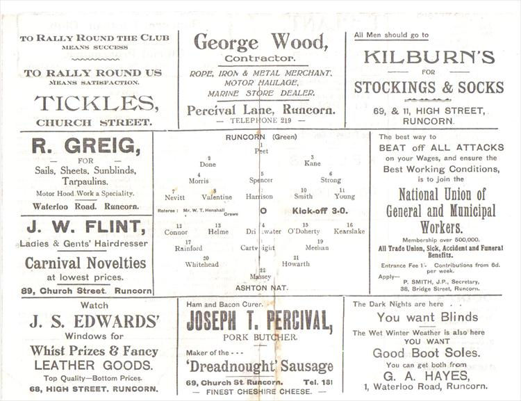 The team line-ups in the matchday programme for a Cheshire League game between Runcorn AFC and Hurst in February 1926 at Canal Street.