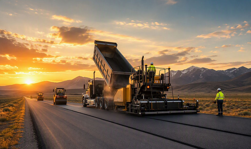 Dump truck pouring asphalt into a paver that is paving a road