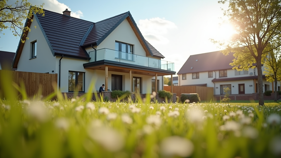 Eye-level view of a new home exterior under bright daylight