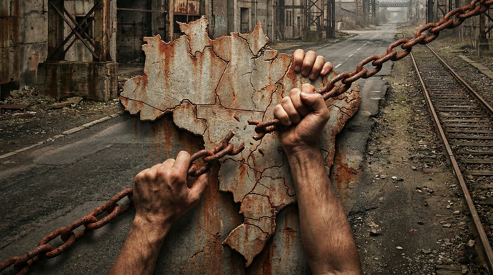 Ilustração de um mapa do Brasil corroído e acorrentado em um cenário industrial abandonado com trilhos antigos. Mãos quebram a corrente de ferro enferrujada sobre o mapa, simbolizando a libertação da inércia e dos problemas de infraestrutura que travam o desenvolvimento do país.