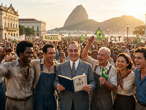 Uma imagem gerada por IA com estilo cinematográfico retrata uma cena histórica idealizada no Rio de Janeiro, com o Morro do Pão de Açúcar ao fundo. No centro, um homem de terno cinza (representando Getúlio Vargas) sorri enquanto segura um livro aberto com a sigla "CLT" na capa. Ele está cercado por um grupo diverso de trabalhadores sorridentes — homens e mulheres de diferentes etnias vestindo roupas de época, como macacões de operário e camisas simples. Ao fundo, uma multidão celebra agitando bandeiras do Brasil e segurando faixas com as palavras "BRASIL", "CLT" e "PROGRESSO". A iluminação é quente, sugerindo o pôr do sol, e a atmosfera é de entusiasmo e unidade nacional.