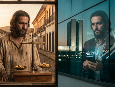Uma imagem de painel dividido justapondo o passado e o presente do Brasil, apresentando Tiradentes e o Palácio do Congresso Nacional em Brasília. À esquerda, uma representação histórica de Joaquim José da Silva Xavier, o Tiradentes (interpretado por um ator de cabelos e barba longos), em trajes coloniais desgastados, em pé, olhando para uma balança de ouro cheia. No centro inferior, a inscrição "20%" simboliza o Quinto, o imposto colonial. Ele está em um local histórico, com ruas de paralelepípedos e edifícios antigos. À direita, um painel contemporâneo de vidro espelhado reflete uma imagem moderna do Palácio do Congresso Nacional, incluindo as icônicas torres e a cúpula do Senado Federal e da Câmara dos Deputados em Brasília.