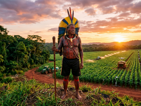 Uma fotografia cinematográfica de ângulo baixo de um líder indígena brasileiro imponente, em pé no topo de uma pequena colina. Ele tem o corpo adornado com pinturas tradicionais de urucum e usa um grande cocar de penas coloridas. O líder segura um bastão cerimonial e observa com expressão de orgulho uma vasta e moderna plantação de milho que se estende pelo vale abaixo. A cena ocorre durante a "hora dourada", com o pôr do sol ao fundo criando sombras longas e uma luz quente que destaca o contraste entre a floresta tropical preservada à esquerda e a área de cultivo tecnológico à direita, onde se vê equipamentos agrícolas sustentáveis e drones. A gradação de cores é saturada, transmitindo uma atmosfera de harmonia entre tradição e inovação.
