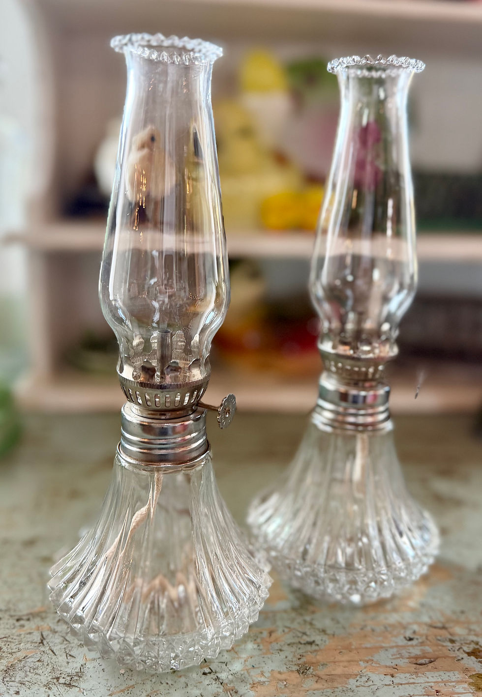 Thumbnail: Pair of clear glass oil lamps