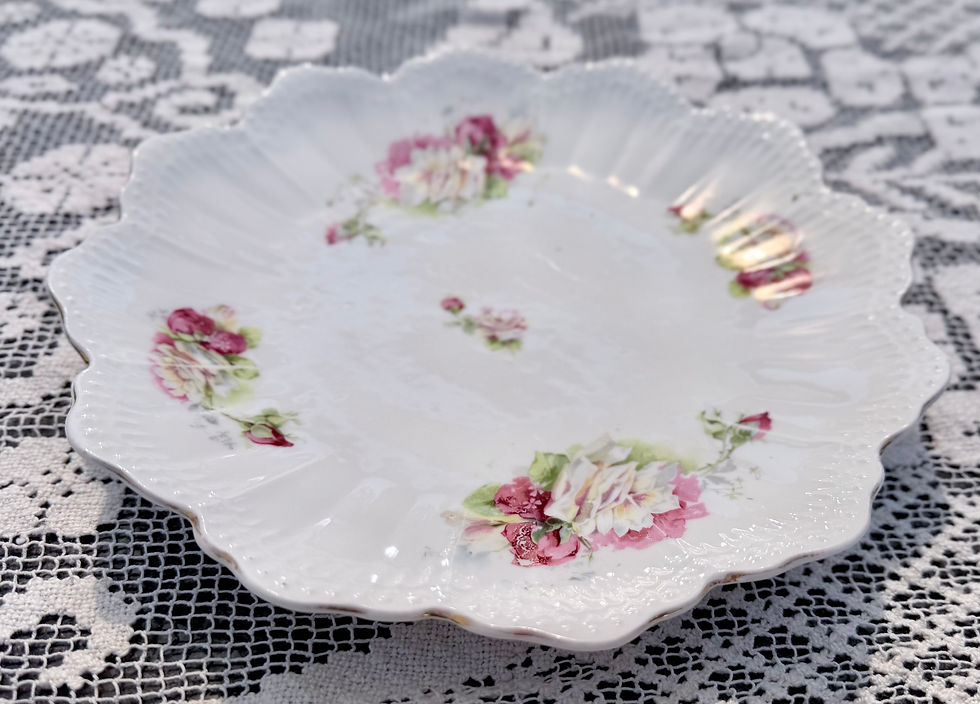 Thumbnail: White scalloped saucer with pink rose pattern