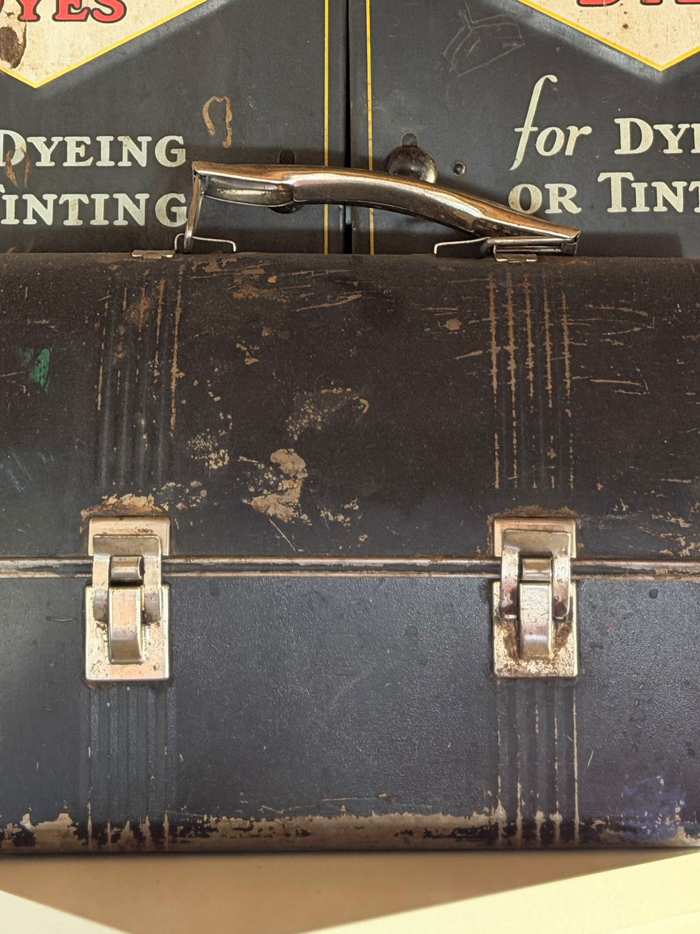 Worn dark metal lunchbox with clasps