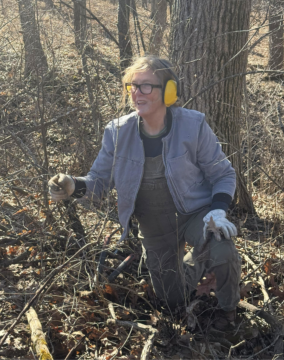 A person kneels in a forest wearing earmuffs and gloves, holding a branch. They wear a jacket and overalls. Sunlight filters through the trees.
