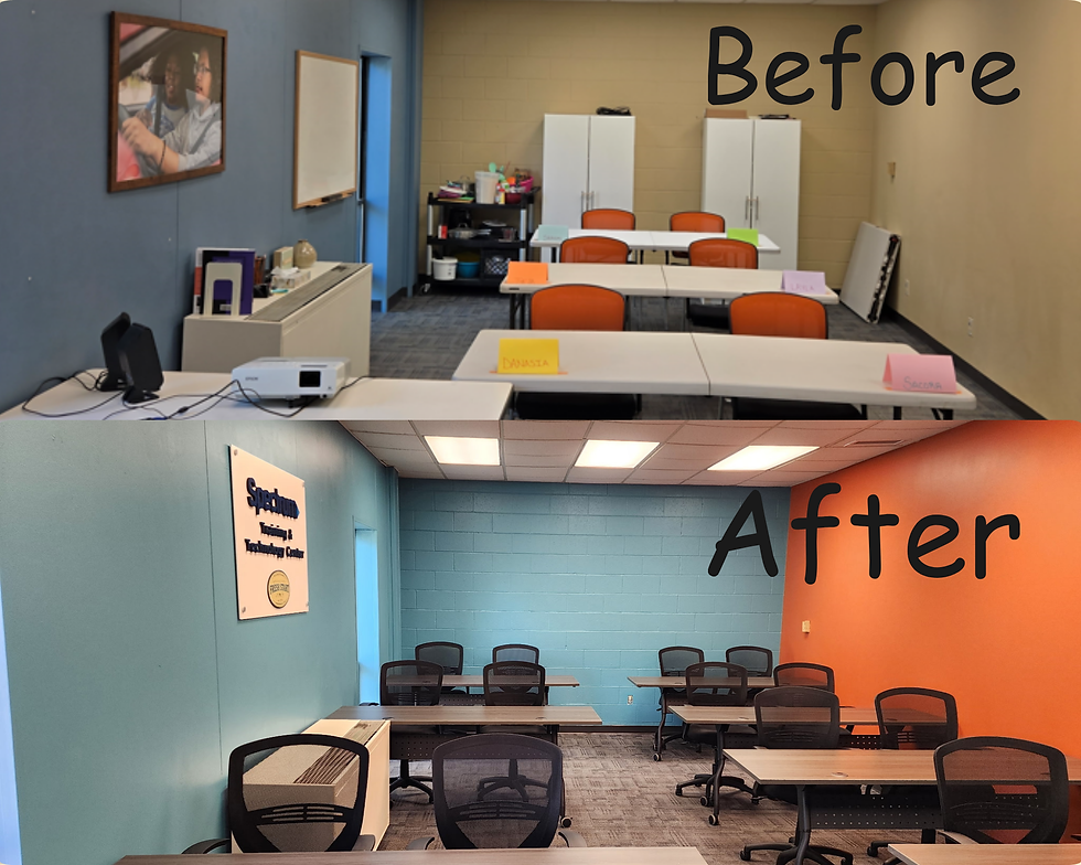 Classroom transformation: Top image shows cluttered room with orange chairs. Bottom image shows organized room with blue and orange walls. Text: Before/After.